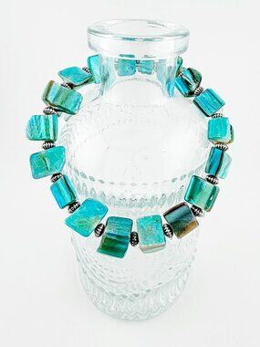 Boho Teal Abalone Shell Nugget Stretch Bracelet - Iridescent Ocean Blue